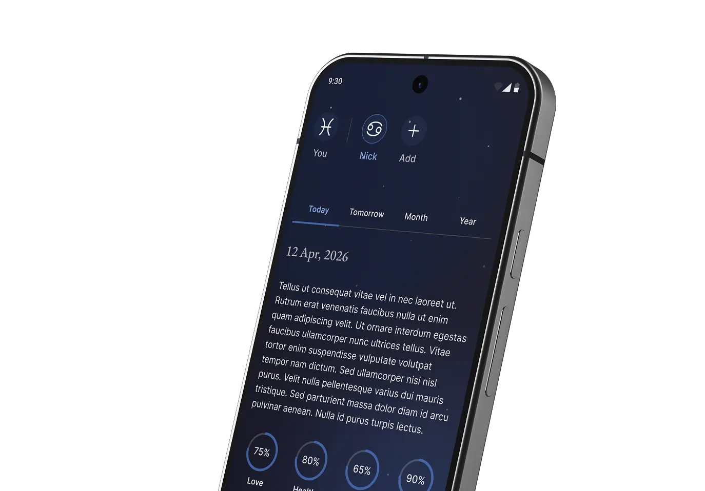 Zodiac app shown on a phone over a zodiac wheel